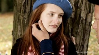 Slim red Frenchwoman has sex on the lawn